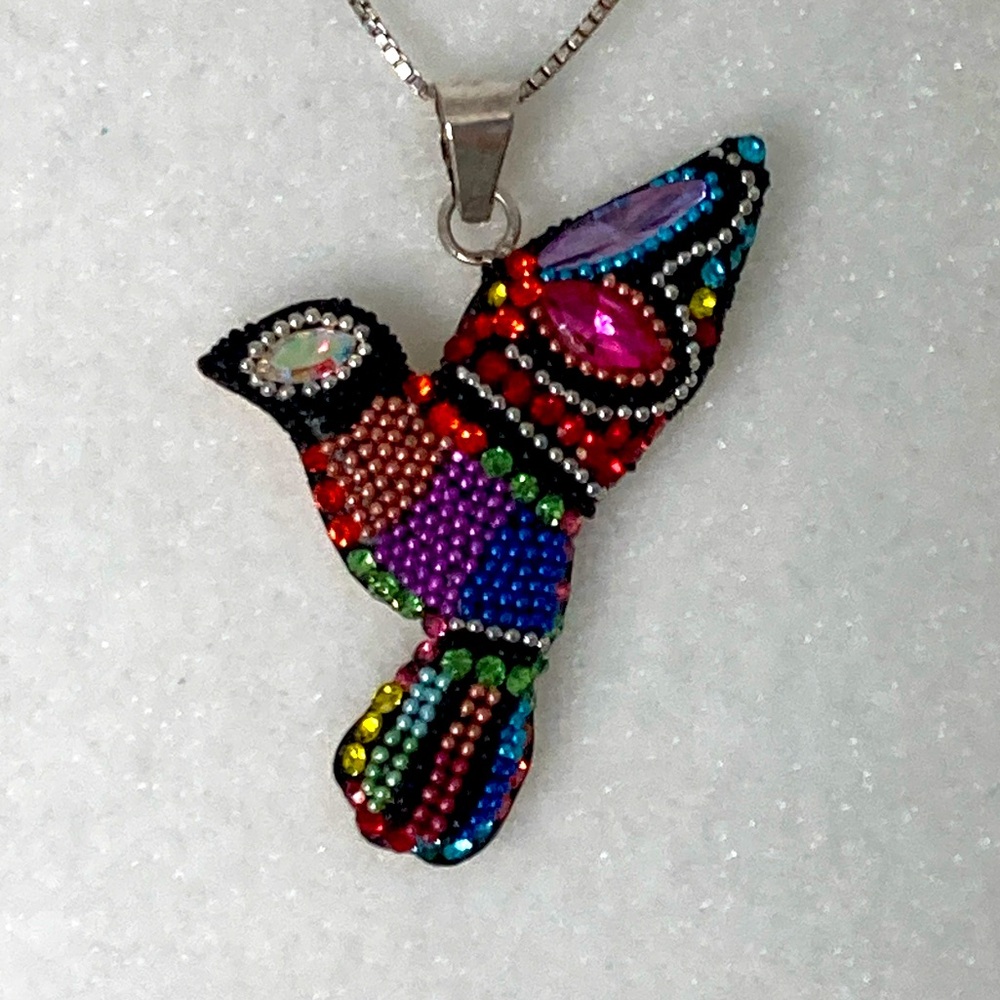 Seed & Sage Sterling Silver & Crystal Colorful Mexican Beaded Bird Pendant